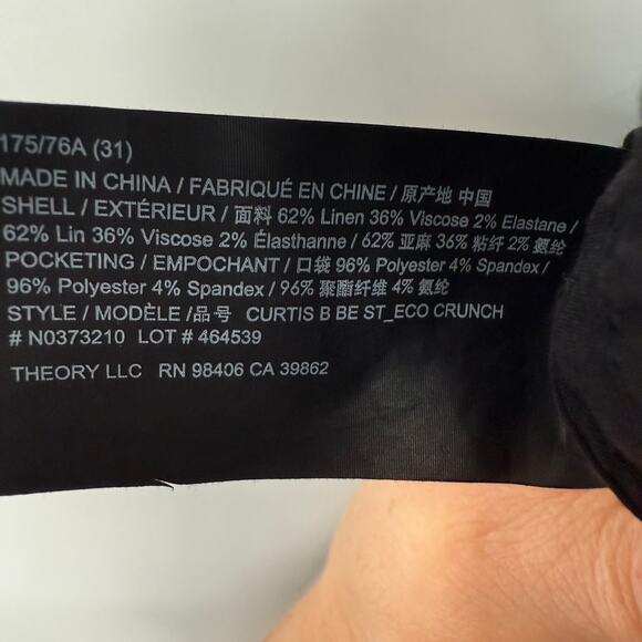 Theory Curtis Drawstring Pant Good Linen Men's Size 31 Black Woven Straight Leg - Picture 9 of 10